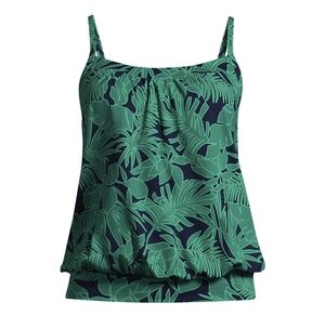 Lands' End Green Navy Blue Tankini Top New Size 10 Tropical Leaf Floral Print